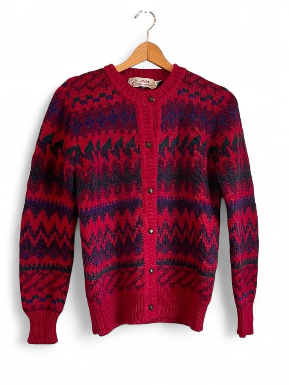 Jade Imported Sportswear Red Patterned Women's Medium Vintage Cardigan Sweater